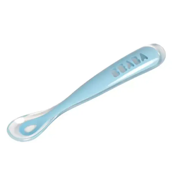 Colher de silicone macio Béaba para a primeira refeição, azul