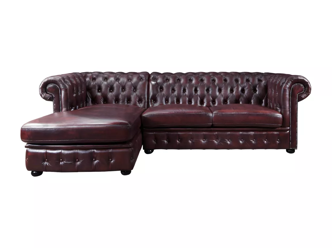 Canapé d'angle chesterfield BRENTON 100% cuir de buffle - Bordeaux- Angle gauche