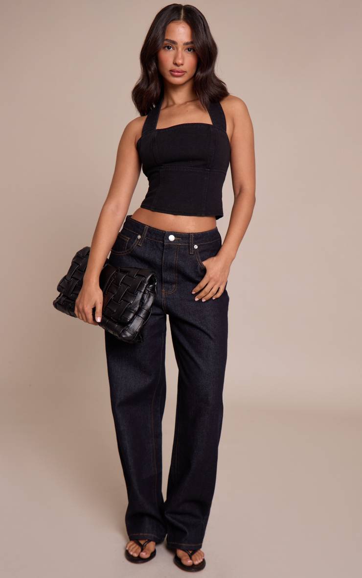 Noir Top Petite En Denim À Col Licou