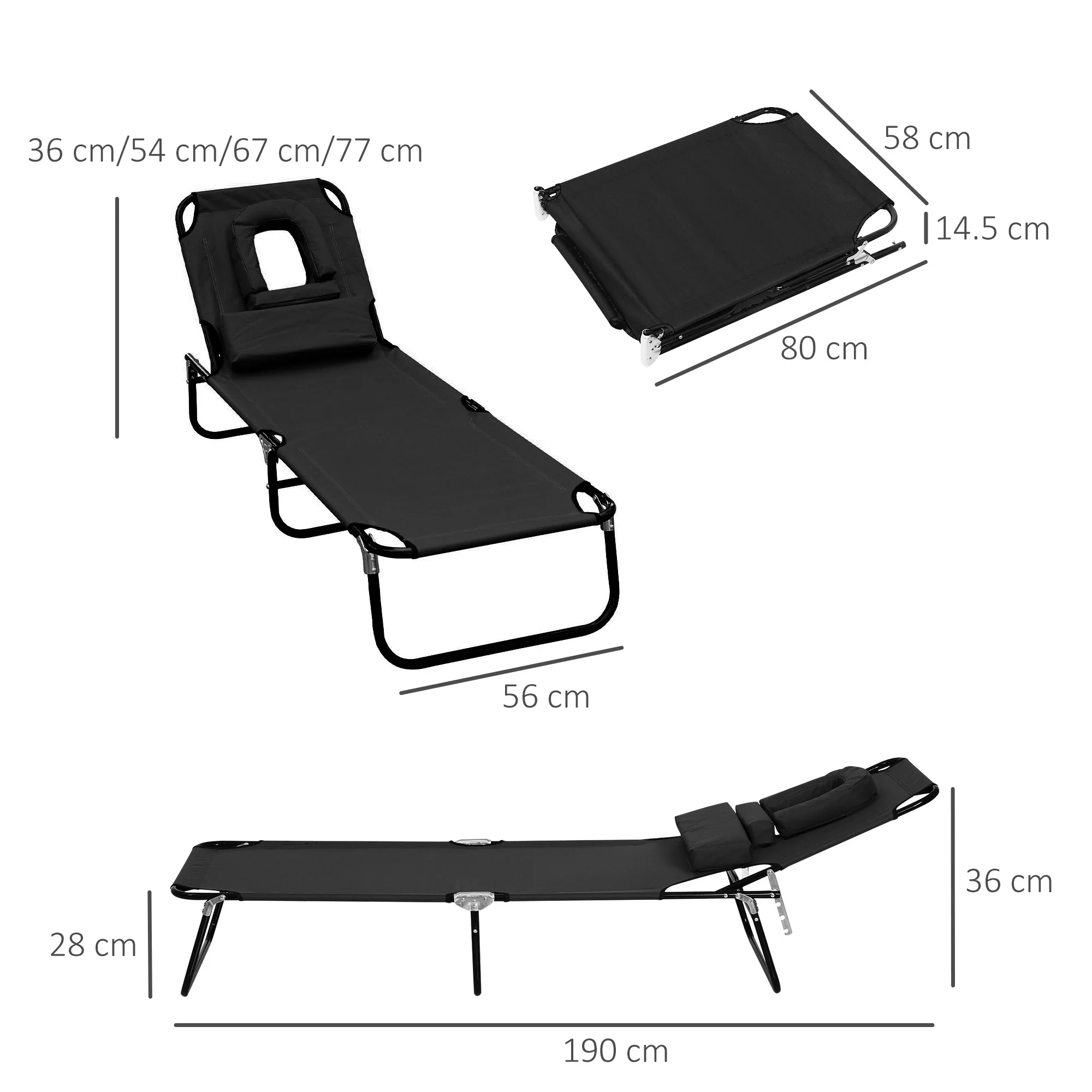 Outsunny Gartenliege mit Gesichtsöffnung schwarz 190 x 56 x 28 cm (LxBxH)