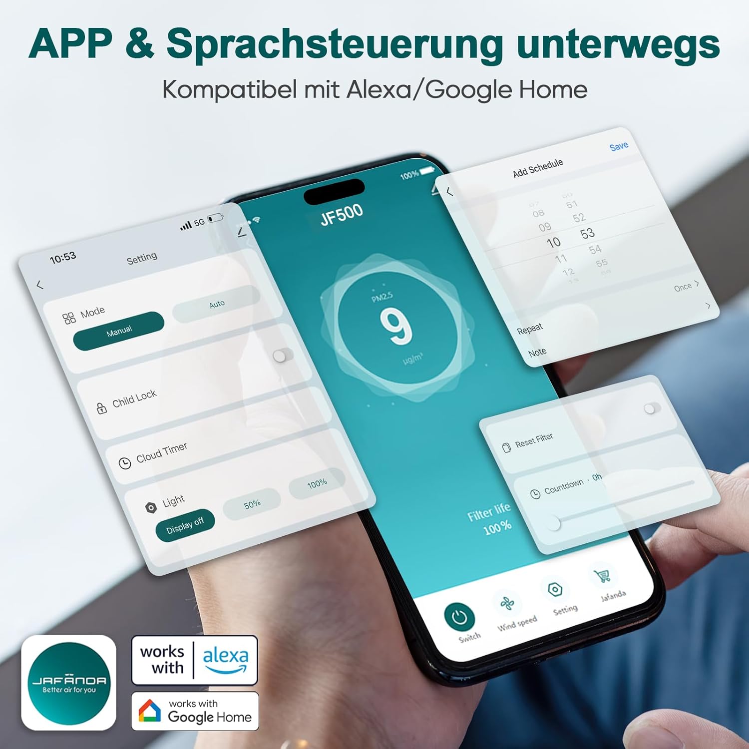 Jafända Luftreiniger für Allergiker mit Aromatherapie, HEPA-Filter gegen 99,97% Schimmel Pollen, Staub & Tierhaare, CADR 460m³/h für Räume bis 240m², Smart WiFi, Leiser Nachtmodus (Grau)