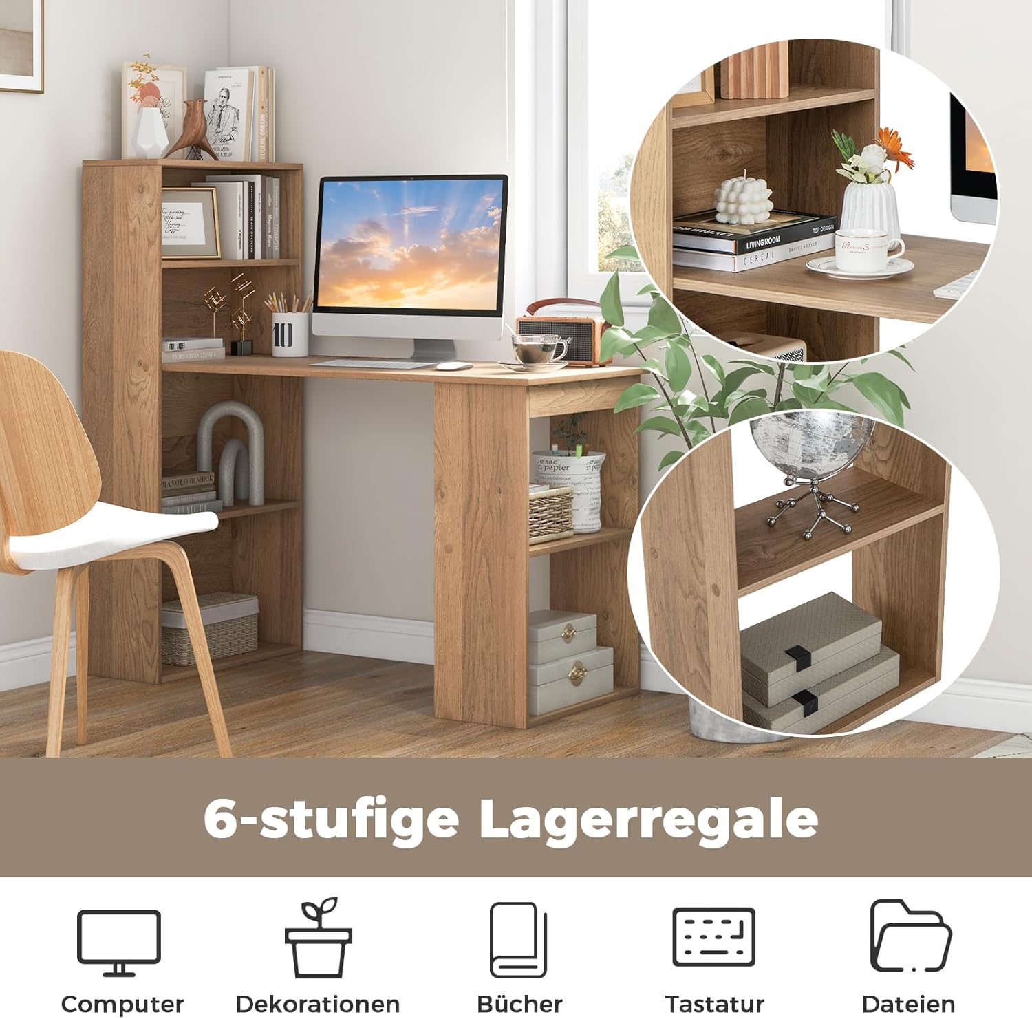 COSTWAY Schreibtisch mit Bücherregal, Computertisch mit 6 Regalen, PC-Tisch mit Regal rechts oder Links, Bürotisch, Arbeitstisch für Zuhause, Büro und Wohnheim, 122 x 56 x 122 cm (Natur)
