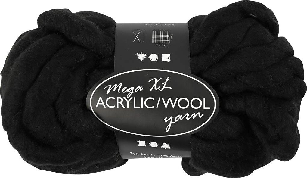 Xl Kæmpegarn - Poly Akryl Uld - L 15 M - Mega - Sort 300 G