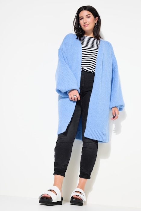 Long-Strickjacke, oversized, offene Form, Langarm