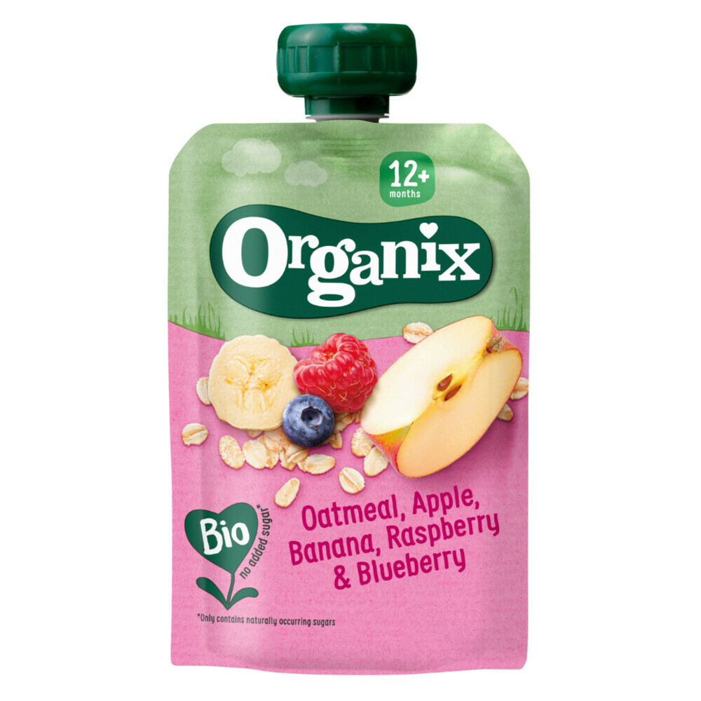 Organix Knijpfruit Maandbox 12+ mnd - Havermout Abrikoos & Banaan 12 x 100 gr + Haver Appel & Banaan 12 x 100 gr + Appel Aardbei & Quinoa 6 x 100 gr Pakket