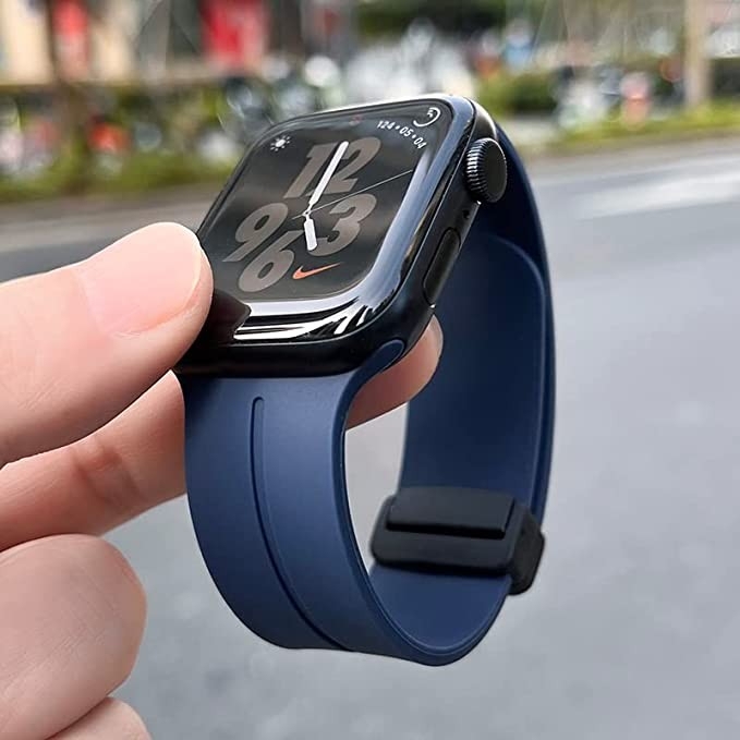 Apple Watch (49/46/45/44 mm) Ersatz Silikon Sport Armband mit magnetischer Faltschliesse (Gelenkumfang: 175-210mm) - Dunkelblau