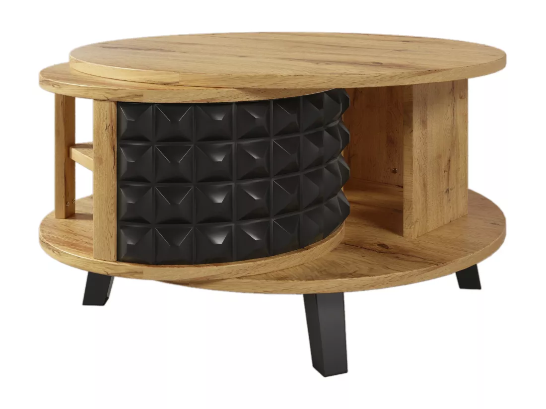 Table basse pivotante moderne avec rangement caché, design bicolore bois et noir