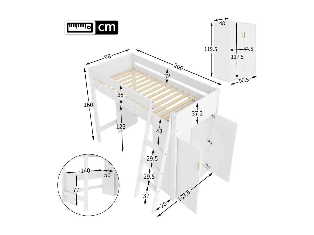 Lit mezzanine 90 x 200 cm avec bureau et grande armoire - Bois massif + MDF - Coloris Blanc (Sans matelas)