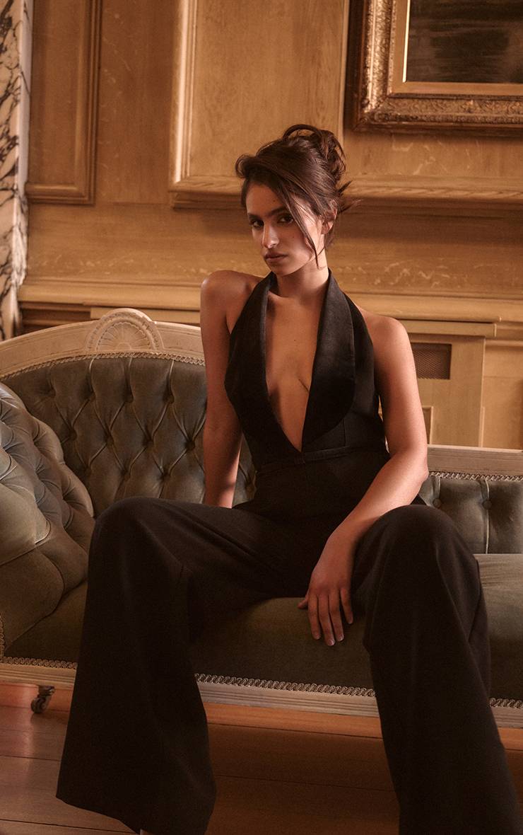 Noir Combinaison Pantalon Large À Détail Nœud En Velours Plt Label