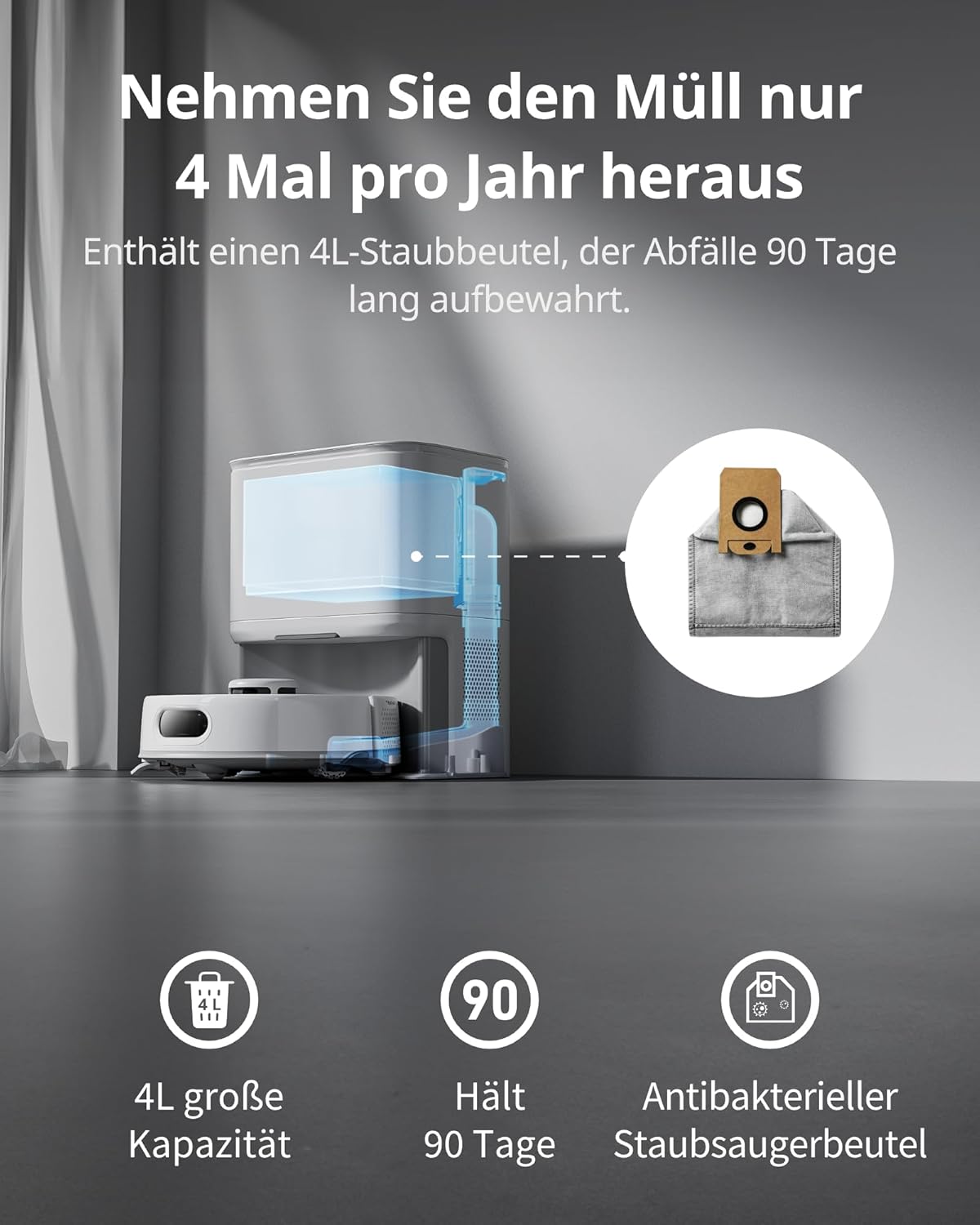 SwitchBot K10+ Pro Saugroboter mit Absaugstation 90 Tage, 45dB Ultraleise, Mini Staubsauger Roboter mit LiDAR-Navigation für Große Eckenabdeckung, Einweg-Feuchttücher zum Wischen, kompatibel mit Alexa