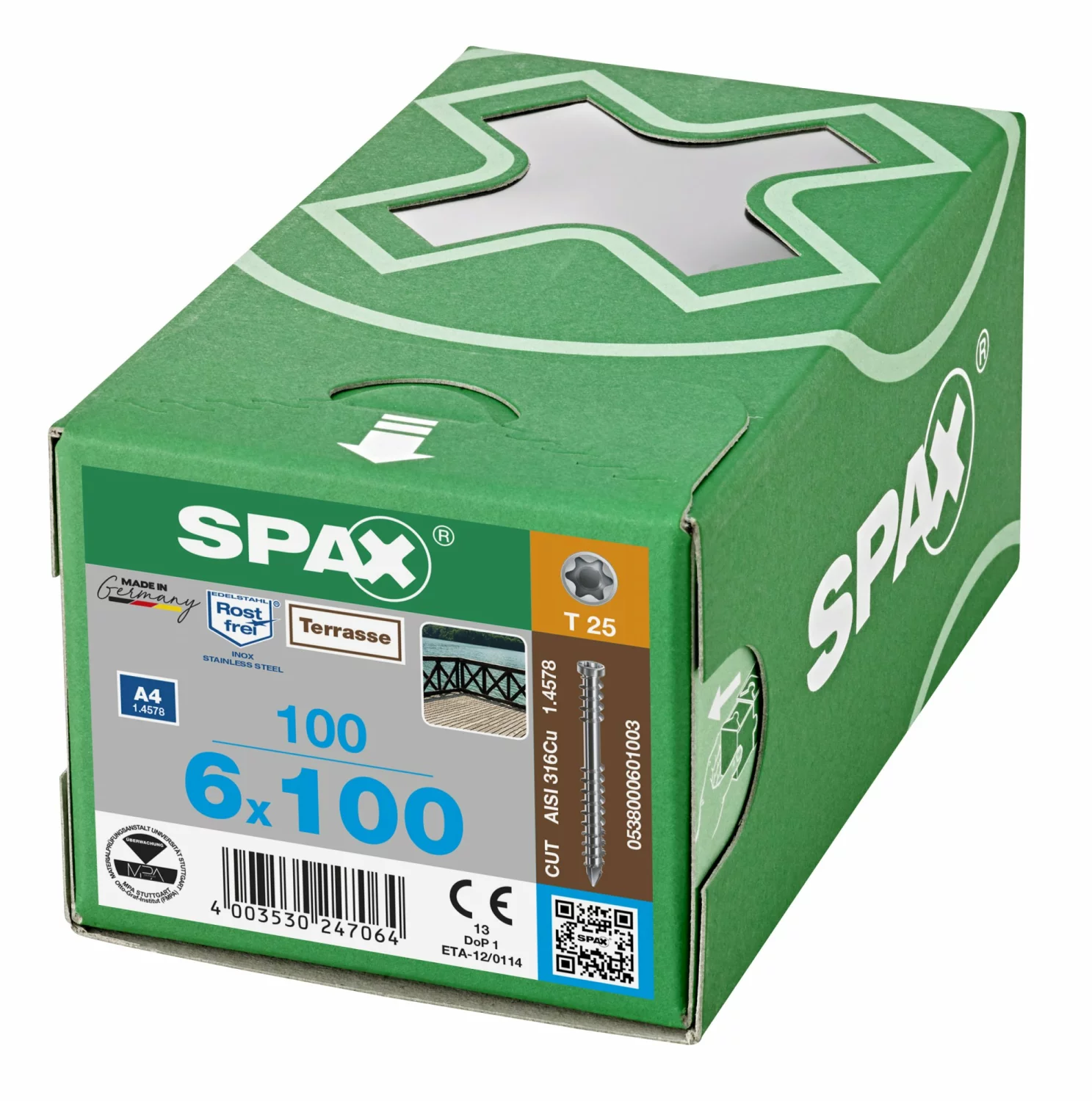 SPAX 538000601003 Terrasschroef, Cilinderkop, 6 x 100, Fixeerschroefdraad, T-STAR plus TX25 - blank - 100 stuks