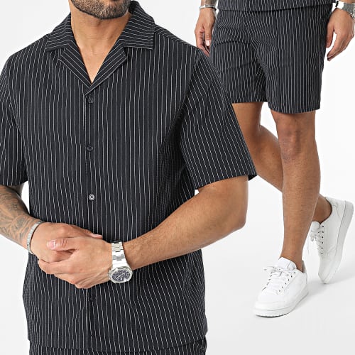 Ensemble Chemise Manches Courtes et Short Chino Rayures Bleu Marine