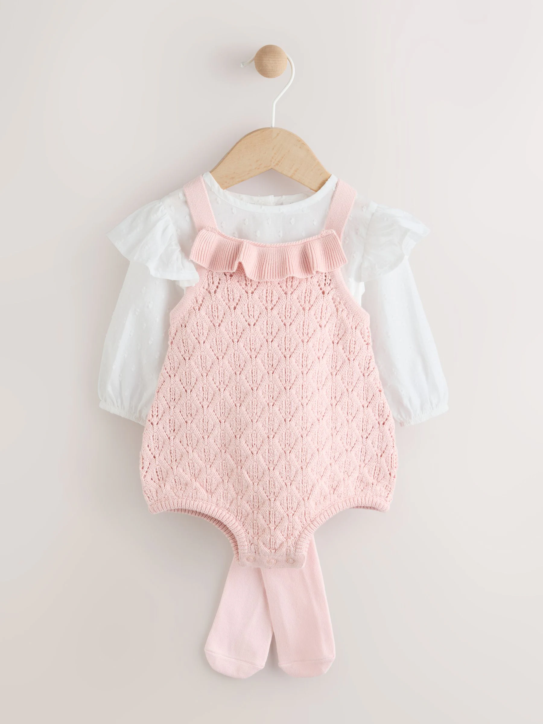 Roze/wit - 3 -delige babyset van rompertje en gebreide bretelbroeken met panty (0mnd-2jr)