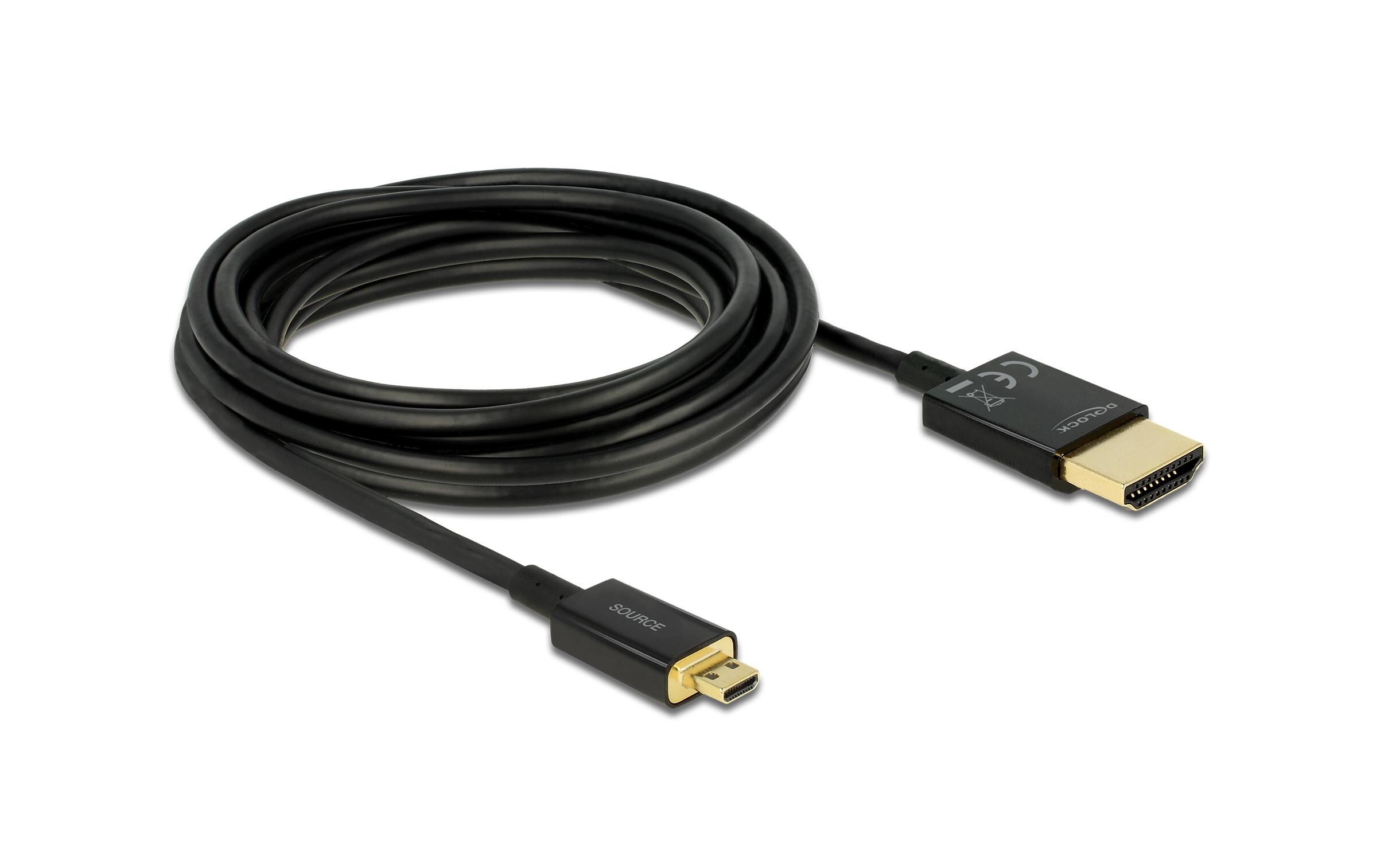 Kabel 4K 60Hz HDMI - Micro-HDMI (HDMI-D), 5 m, SchwarzDelock Kabel High Speed HDMI mit Ethernet – HDMI-A Stecker > HDMI Micro-D Stecker 3D 4K 5 m Slim High Quality
