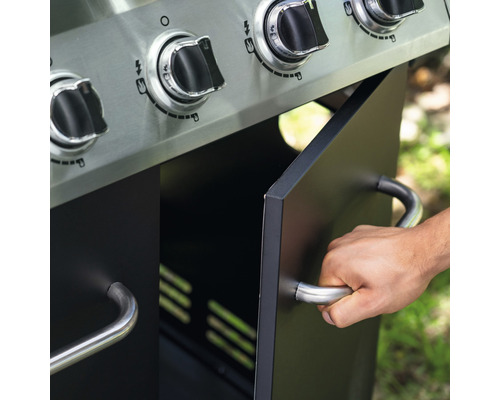 Nexgrill 5-pits gasbarbecue + zijbrander, zwart, inclusief opbergplank, dekselthermometer, geëmailleerde gietijzeren planchaplaat, vetopvangbak, grillpan, grillrooster, krachtige warmtezone, zijplank, warmhoudrek. Geëmailleerd gietijzeren grillrooste