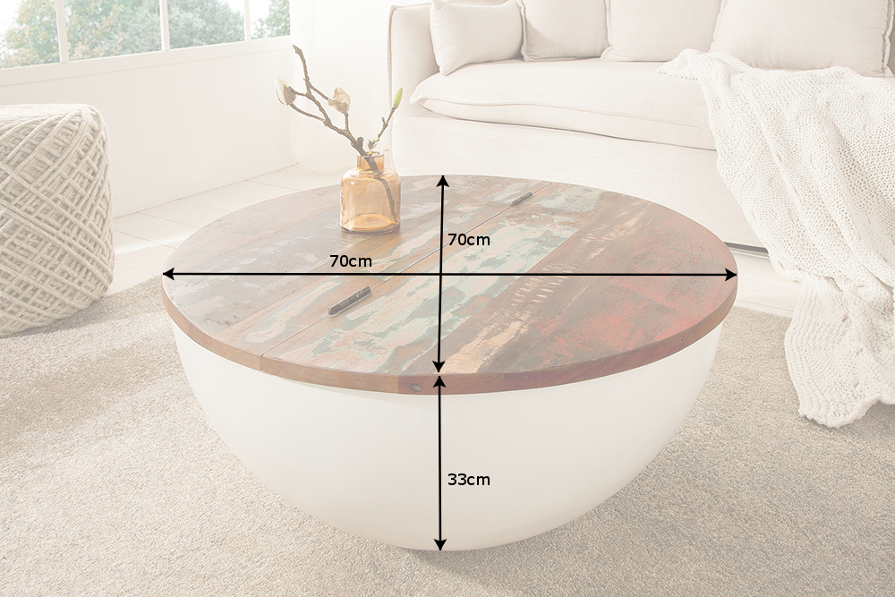 Design Couchtisch JAKARTA 70cm weiß Massivholz rund aus recycelten Fischerbooten mit Stauraum