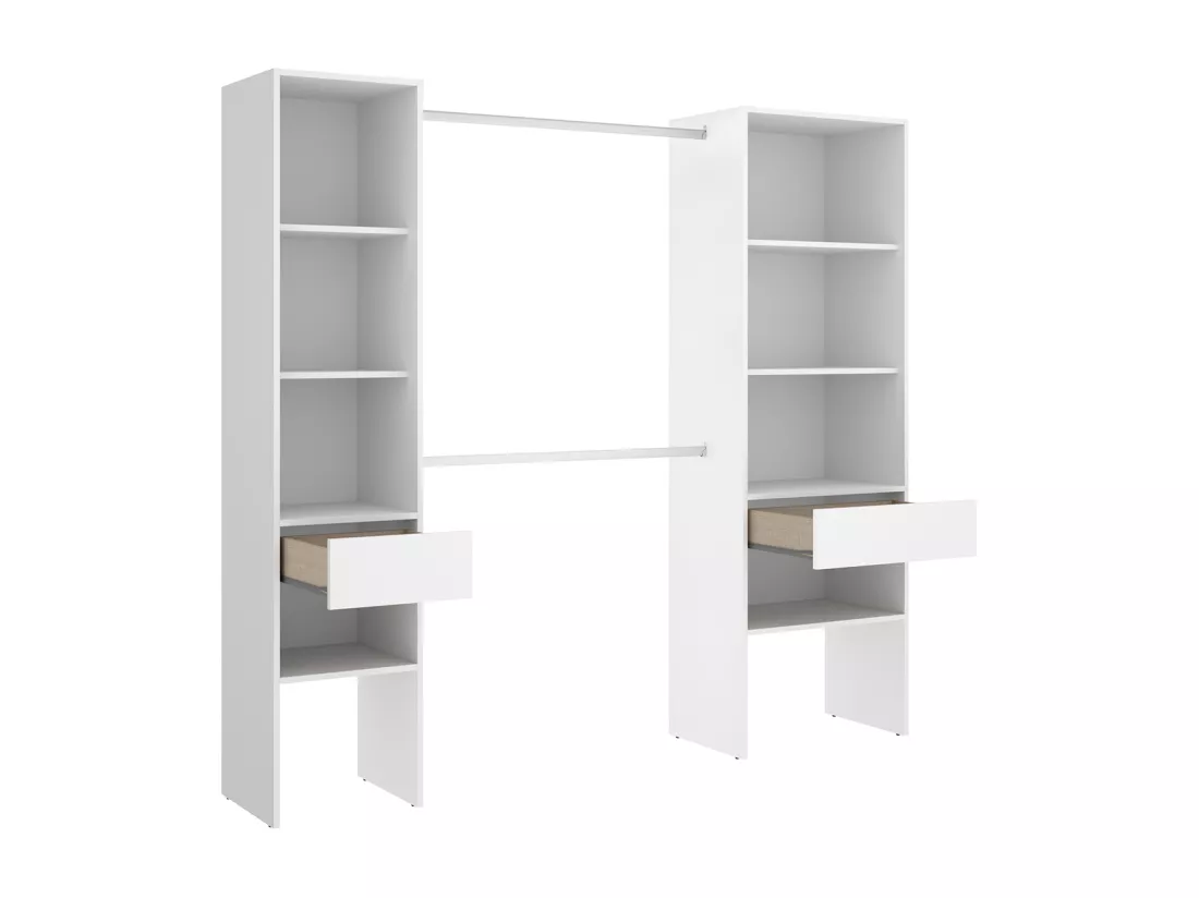 Armoire dressing en bois mélaminé avec 2 colonnes et 2 tiroirs coloris blanc - Longueur 160 x Profondeur 50 x Hauteur 185 cm