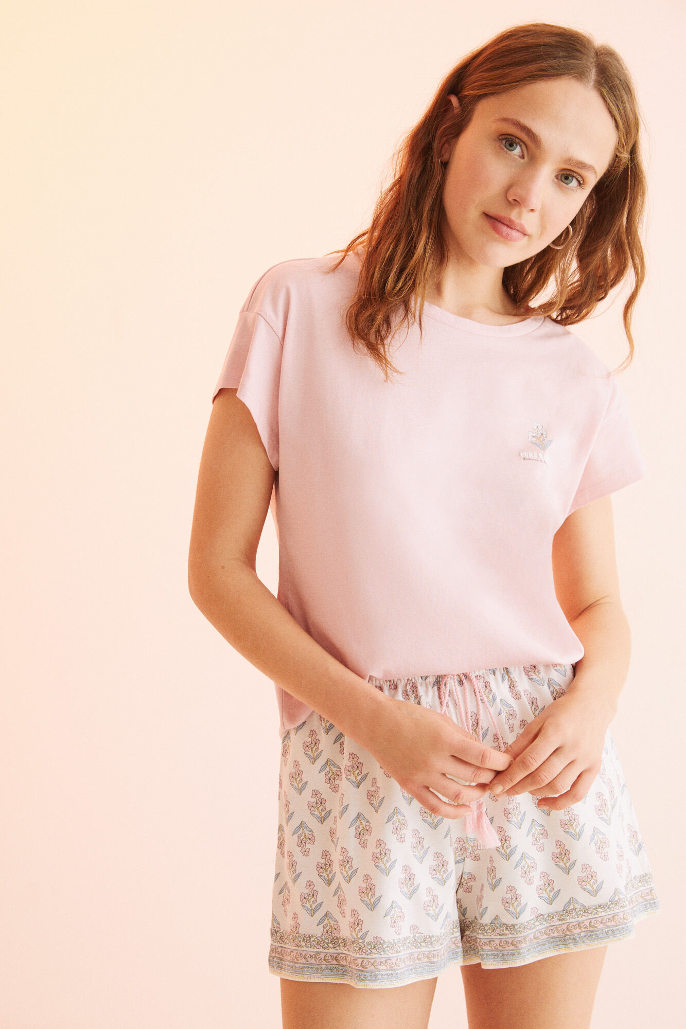 Pijama curto rosa 100% algodão com amarração nas costas - rosa