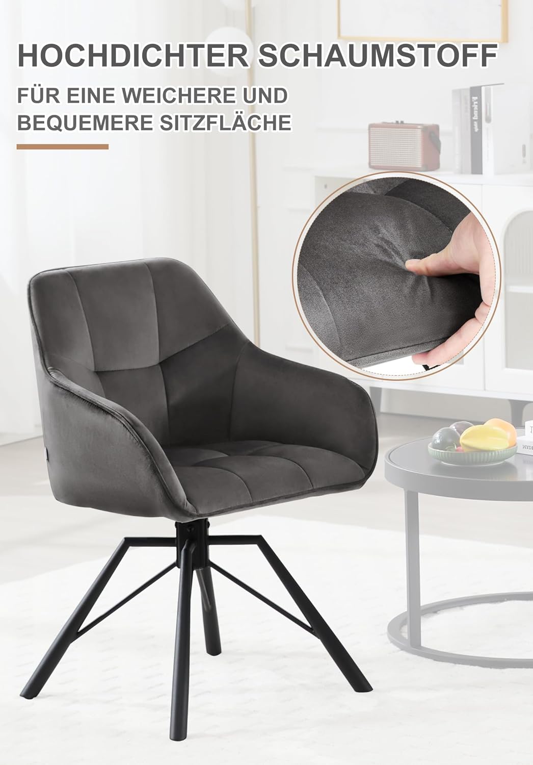 WOLTU Esszimmerstuhl drehbar 2er Set, Küchenstuhl, Polsterstuhl, Drehstuhl, bequemer Stuhl mit Armlehnen Rückenlehne, Armlehnenstuhl für Esszimmer Wohnzimmer, mit Samtbezug, Dunkelgrau