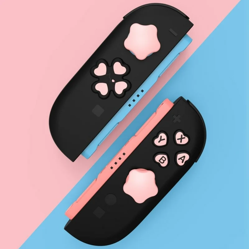 (7er Set) Silikon Joystick Caps und Button Sticker Aufkleber für Nintendo Switch 2 Controller - Pink / Schwarz