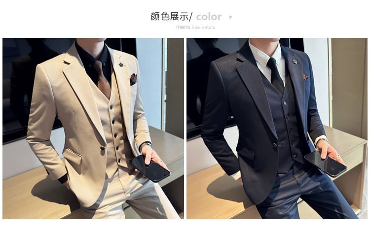 Blueforce - Set: Effen blazer + V-hals vest met knoopjes + Hoge taille rechte broek