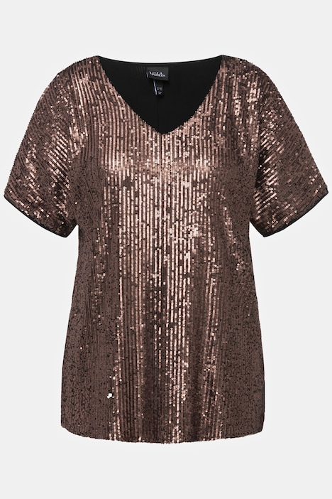 Pailletten-Shirt, Oversized, V-Ausschnitt, Halbarm