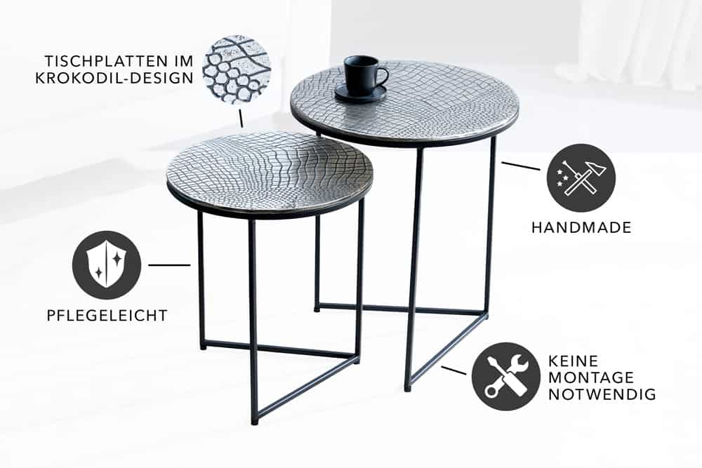 Rundes 2er Set Beistelltisch ELEMENTS 50cm silber antik Krokodil-Design handmade