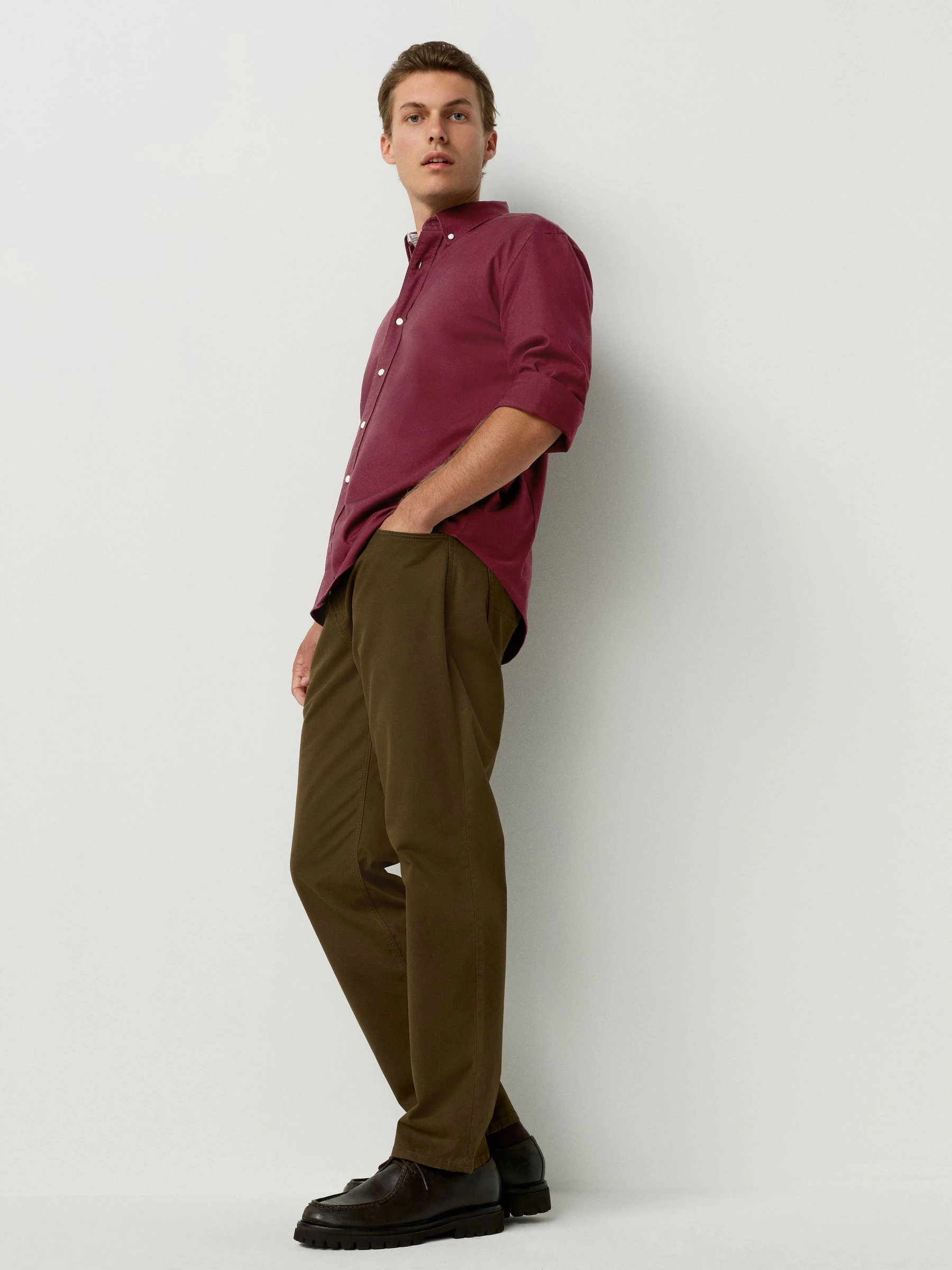Bordeauxrood - Slim Fit - Oxford-hemd met lange mouwen