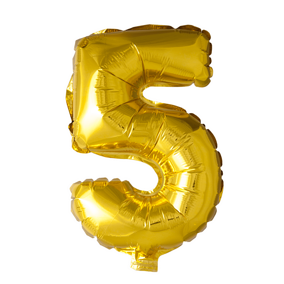 Folie Ballon Cijfer 5 Goud 41cm met Rietje