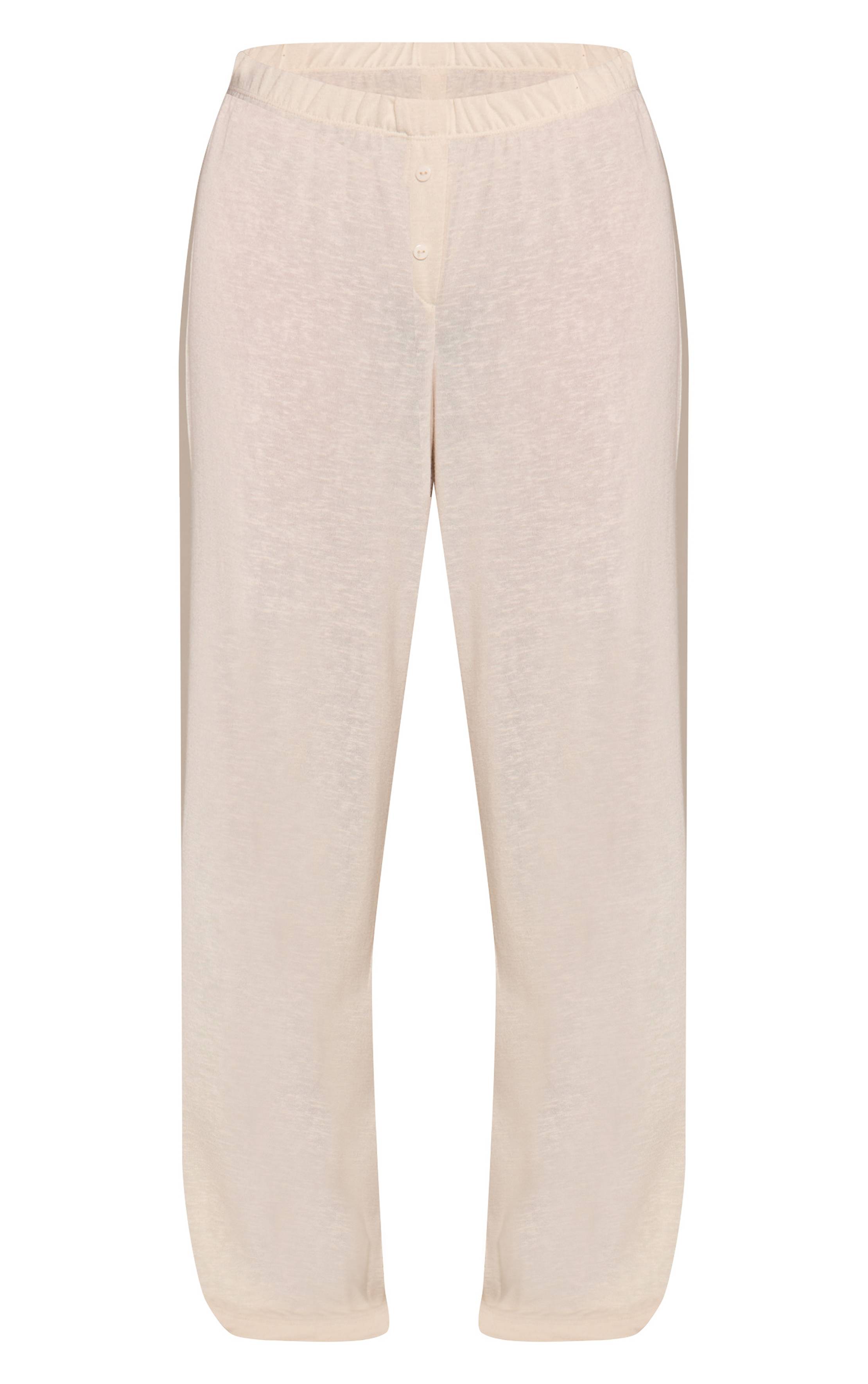 Pantalon Large En Jersey Chiné Slub Crème Avec Détails Boutonnés
