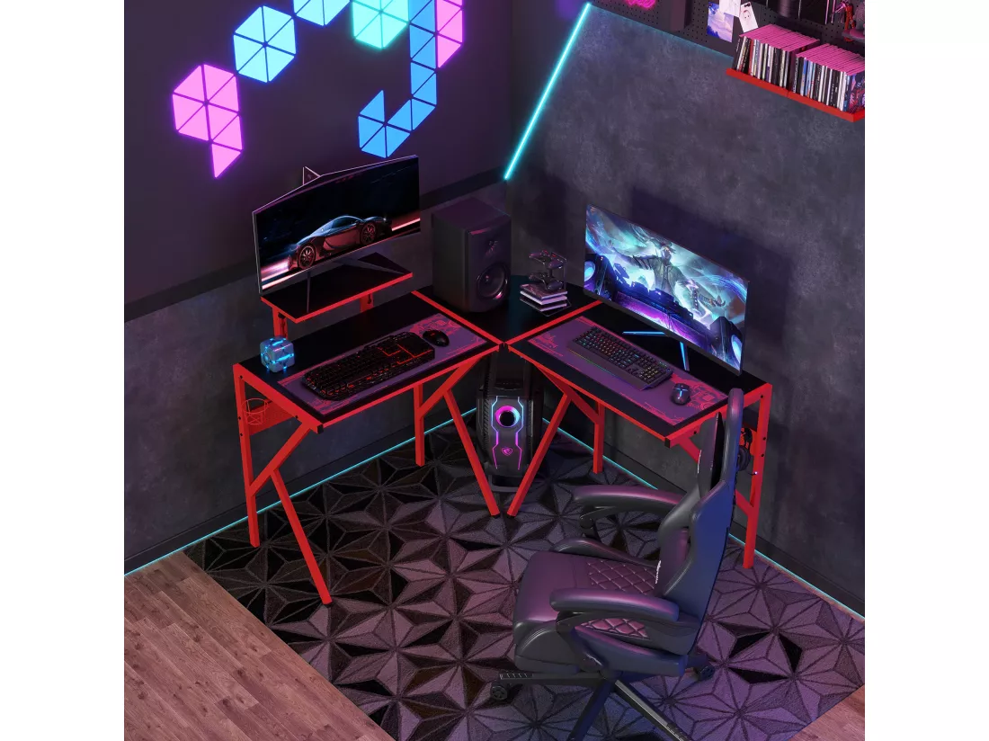 Bureau gaming d'angle bureau gamer bureau informatique bracket casque porte-gobelet étagère écran réglable métal panneaux texture carbone noir rouge
