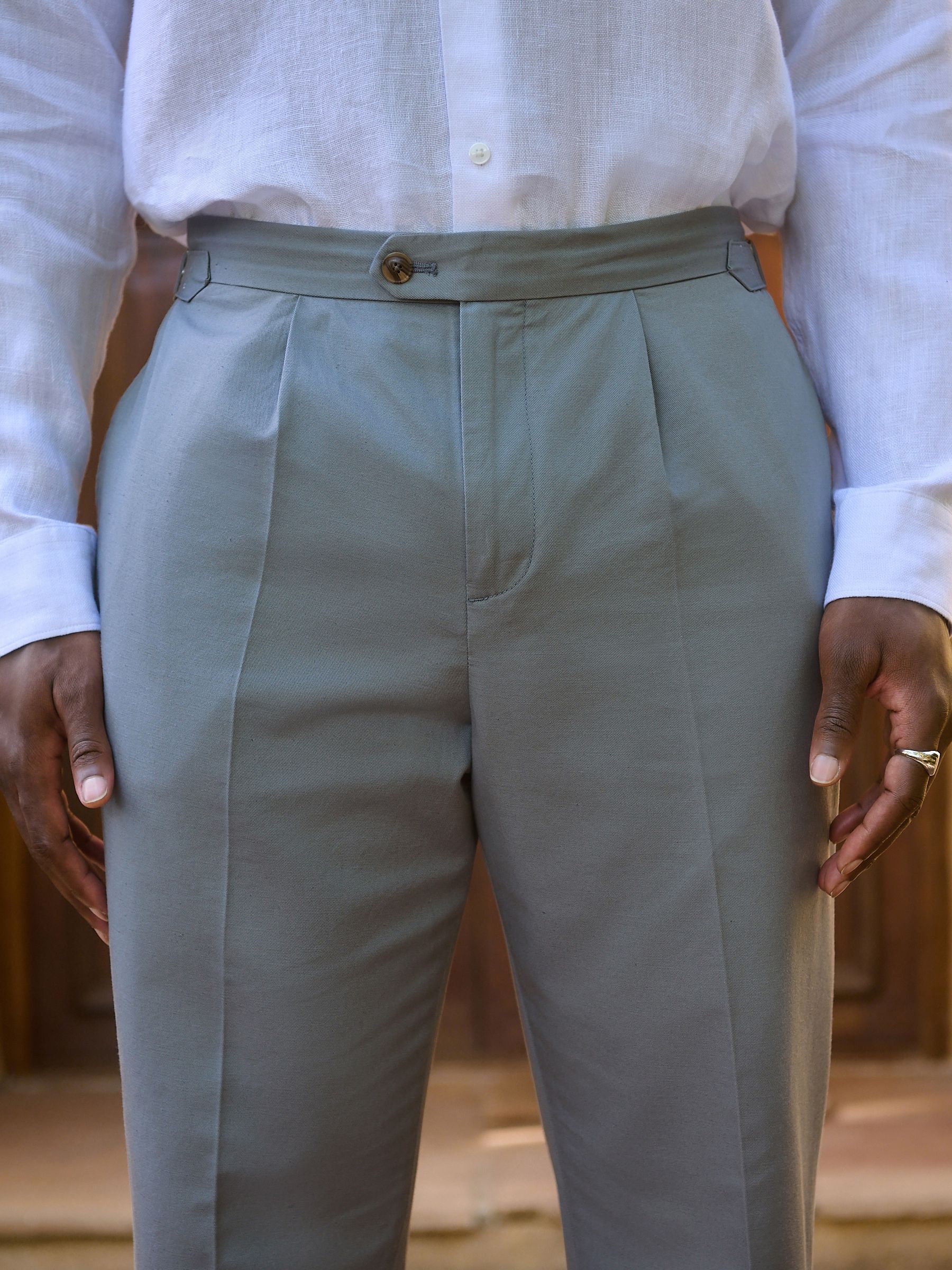 Blauw - Slim-fit katoenen mix Broeken met verstelbare zijkanten, linnen en lyocell.