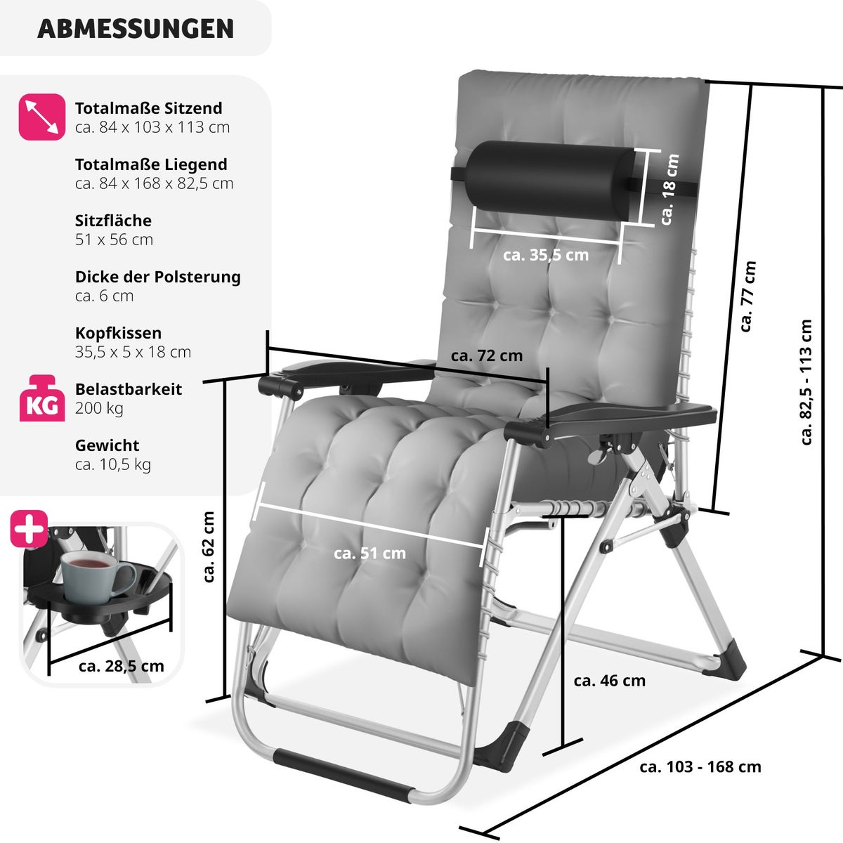 tectake Cloud opvouwbare ligstoel, 84 x 168 x 82,5 cm, met bijzettafel