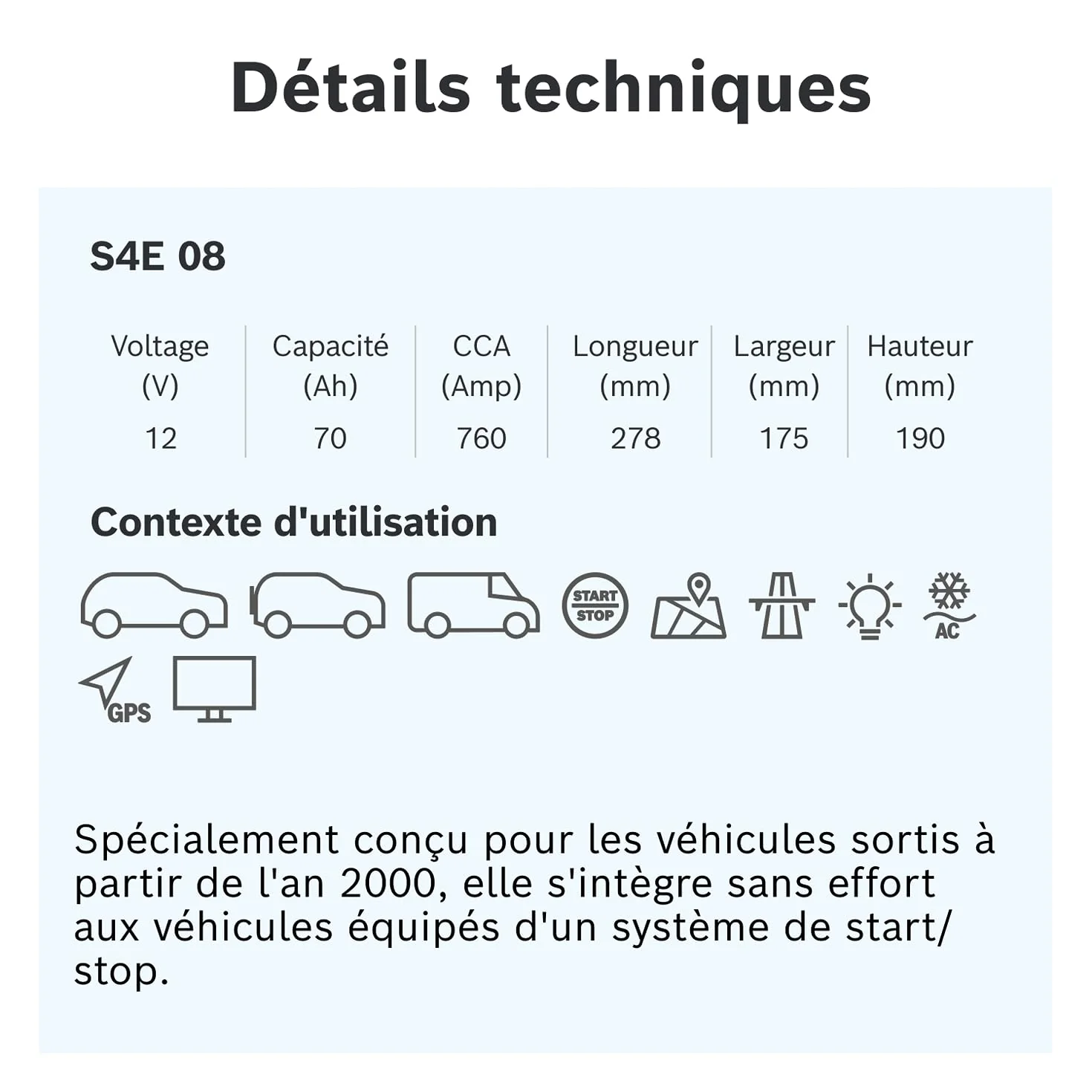 Bosch S4 E08 Batterie Auto 70 A/h - 760 A - Batterie 12 V, EFB Plomb-acide pour Véhicules avec Système Start/Stop, Polarité Gauche (-) Droite (+), 278 x 175 x 190 mm