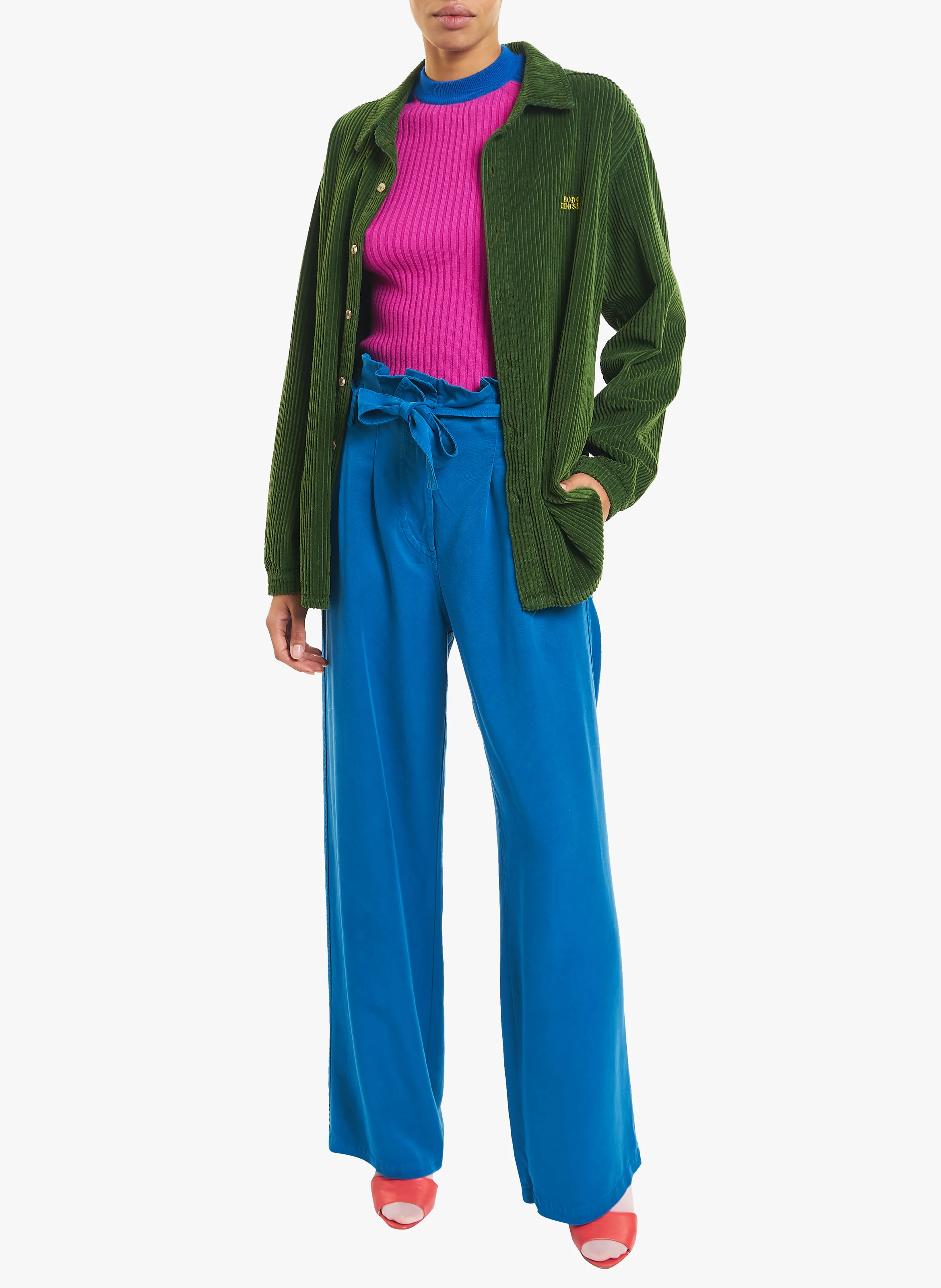 Chemise col classique en velours côtelé et coton| Vert