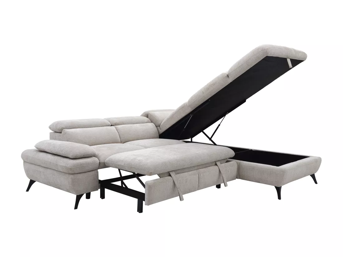 Canapé d'angle droit convertible en tissu texturé beige SURDELI