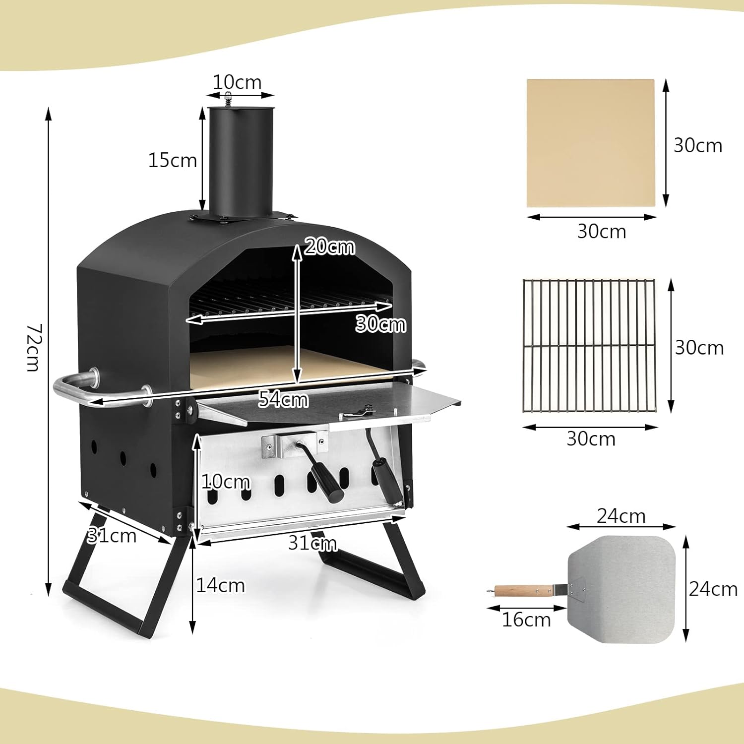 GYMAX Four à Pizza Extérieur Mini, Fours à Pizza au Bois avec Pierre à Pizza, Pelle à Pizza, Jambes Pliantes et Poignées Portables, Ventilateurs Ajustables, Couvercle Imperméable