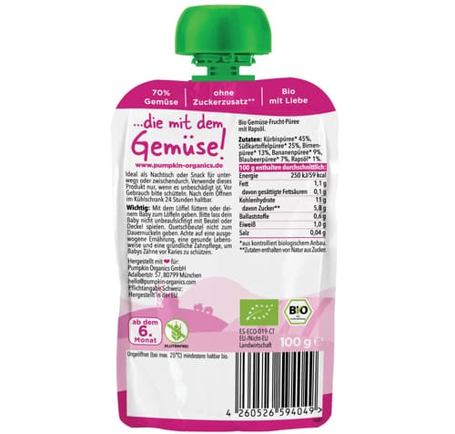 Pumpkin Organics BIO Sonnig Gemüsepüree aus Kürbis, Süßkartoffel mit Birne, Banane, Blaubeere