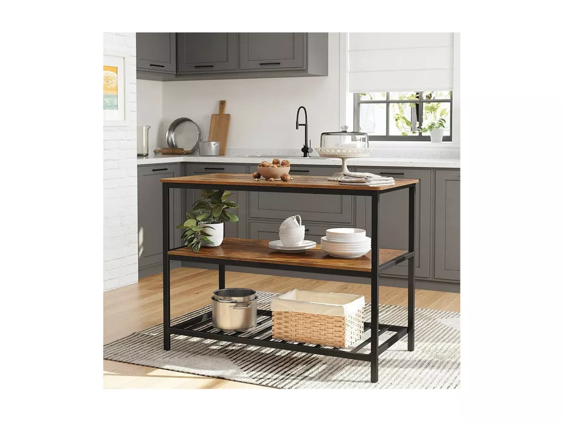 Desserte de cuisine style industriel collection TAMPA structure en métal noir et plateau en bois.