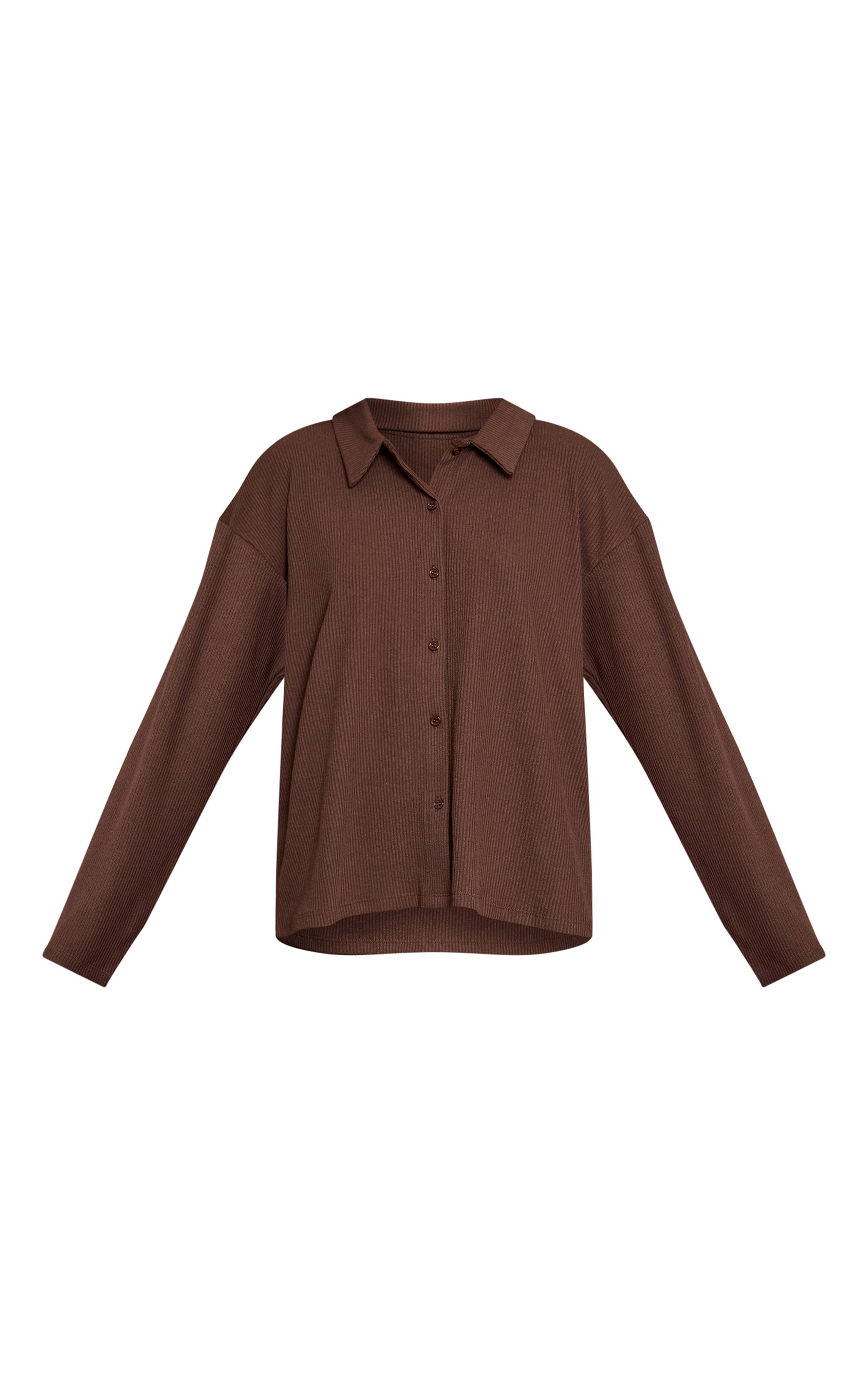 Marron Foncé Chemise Côtelée Épaisse À Manches Longues Et Col