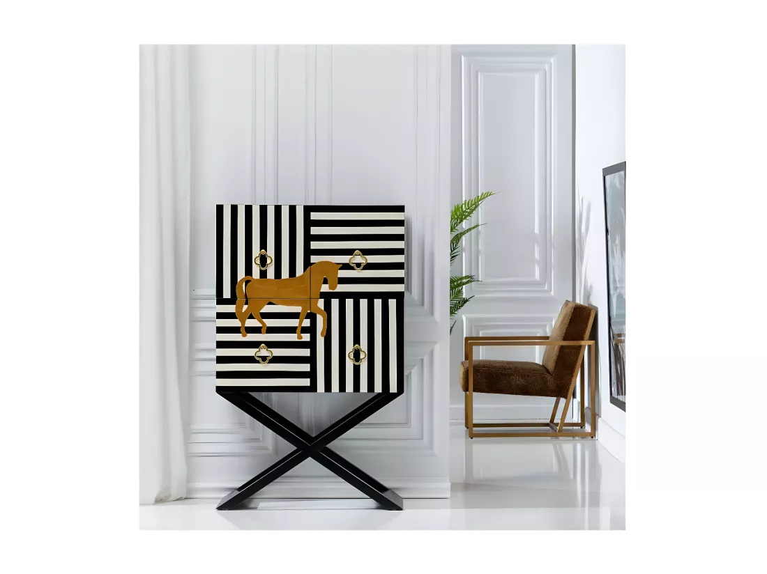 Armoire de salon 4 portes Cheval Noir & Blanc/Bois - GENNA