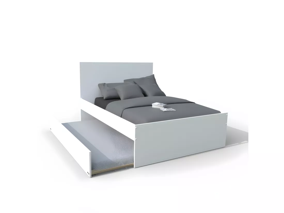 Lit double ALPHA 140x190 + 2 tiroirs + tiroir lit 90x190 avec sommier + chevet / Blanc
