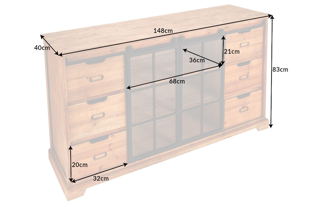 Massives Sideboard HERITAGE 150cm natur Pinienholz Industrial-Türen Metall Vitrine