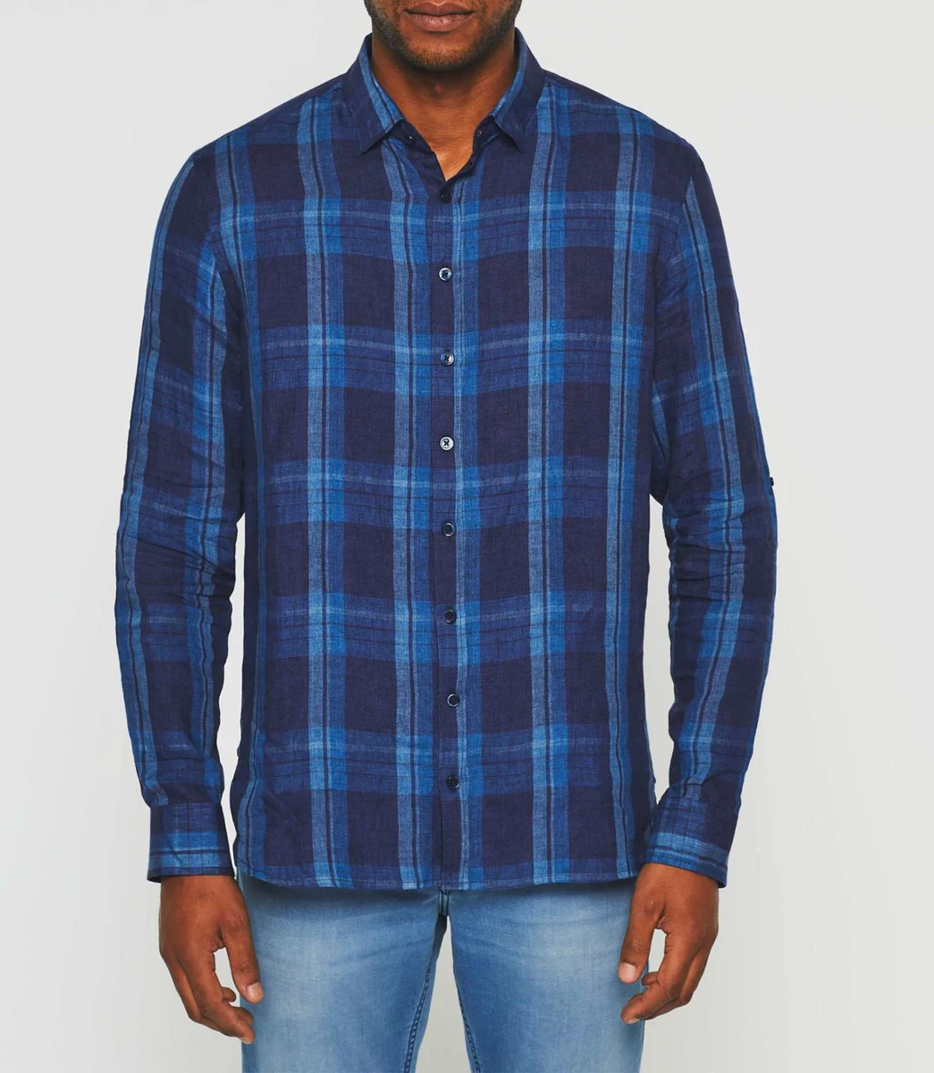 Chemise à carreaux en lin manches longues bleue 