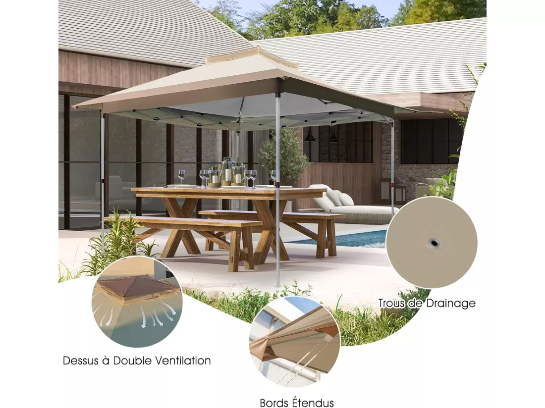 Tonnelle de Jardin Instantanée Double Toit 360X360CM, Tente Réception avec Dessus Ventilé Sac de Transport à roulettes, Tonnelle à Ouverture pour Fête Camping BBQ, Kaki