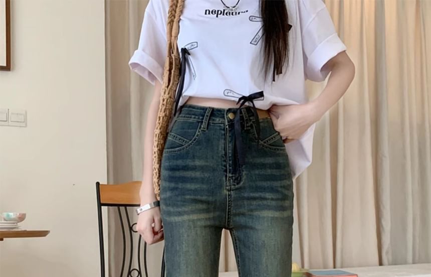 CosmoCorner - High Waist Washed Cropped Slim Fit Jeans