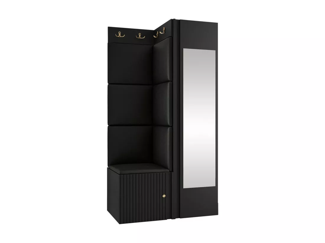 Meuble d'entrée Hartford 391, 186x82x46cm, Miroir, Noir, MDF|Stratifié|Faux cuir