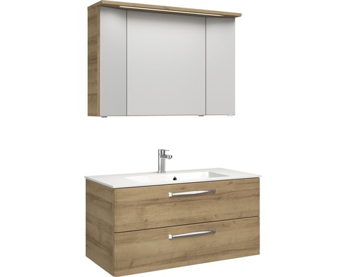 Pelipal Kumba badkamermeubelset, BxHxD 107 x 200 x 50 cm, frontkleur eiken riviera met witte mineraal gegoten wastafel, 99.107012147