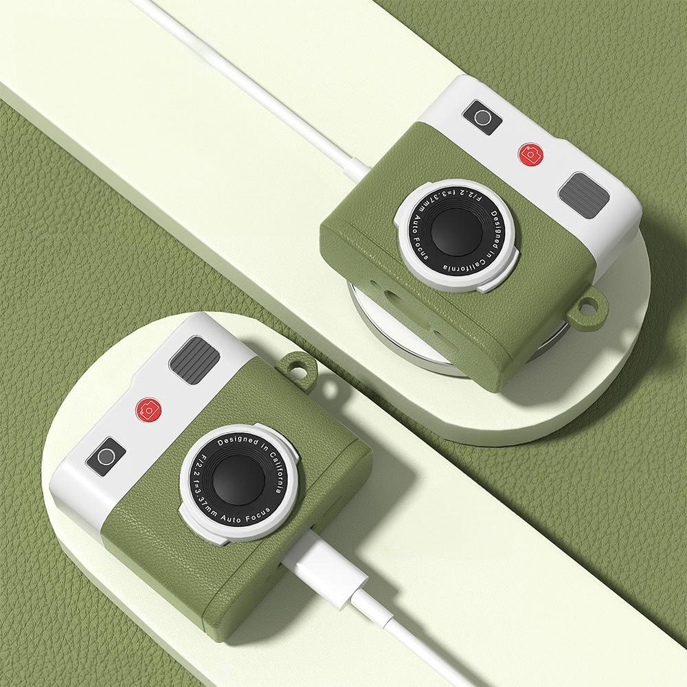 AirPods 4 Silikon Schutzhülle Abdeckung mit Karabinerhaken Retro Kamera - Schwarz