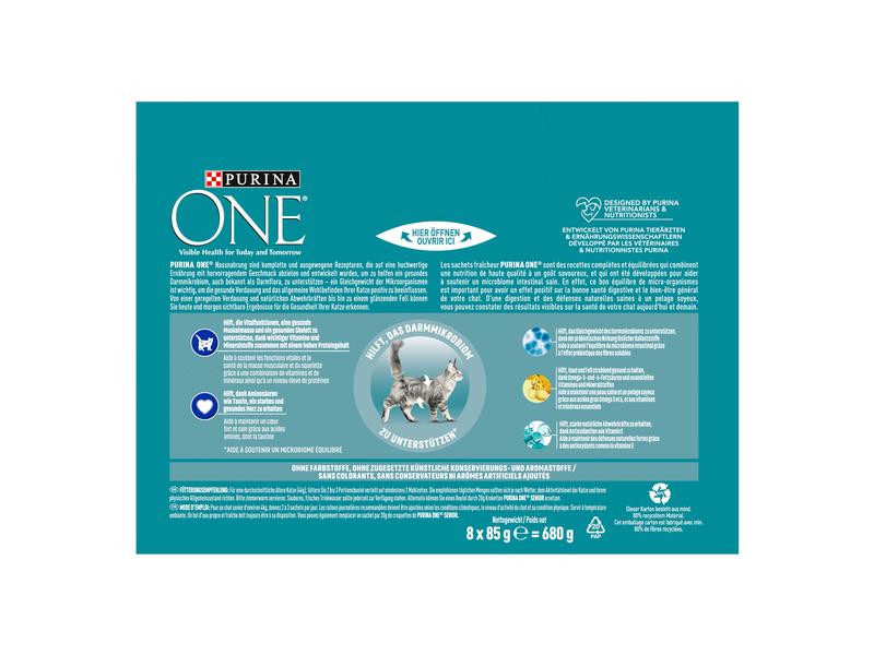Purina ONE Nassfutter SENIOR 7  in Sosse Lachs/Karotten,8 x Alleinfuttermittel für Katzen im Alter von 7 Jahren und älter